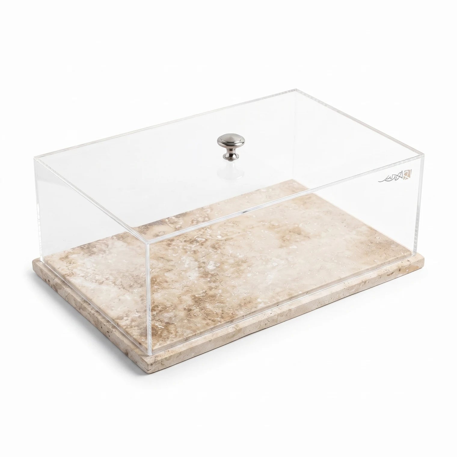 Natural Travertine Marble Stand with Acrylic Top – 13 x 20 x 30 cm | Clear Covered Serving Tray with Silver Knob