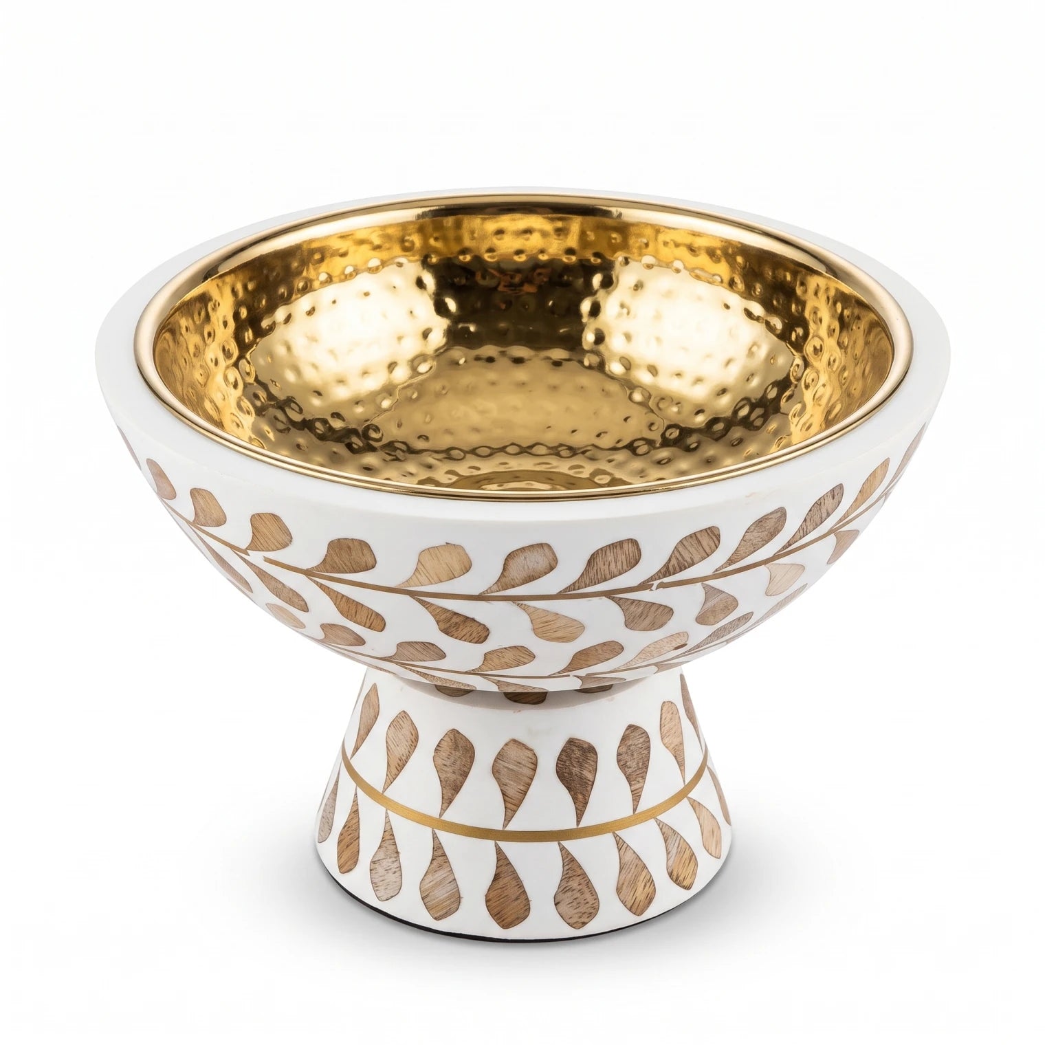 Decorative Footed Bowl – White and Gold with Hammered Metallic Gold Interior | 15 x 24 x 24 cm