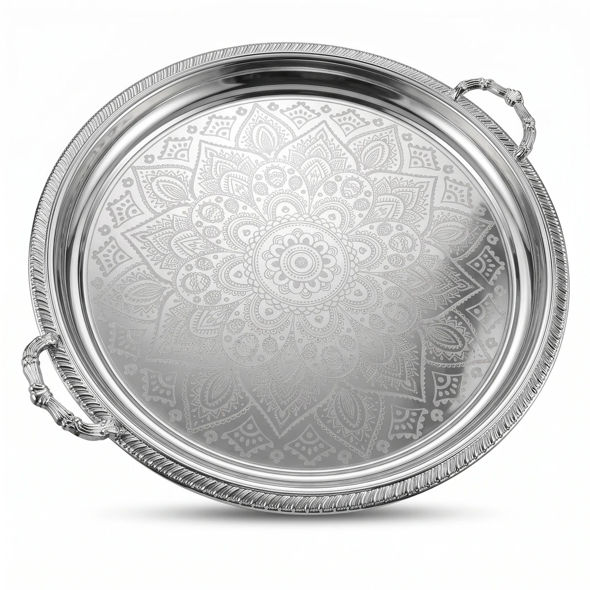 M.E.W Round Stainless Steel Serving Tray – Large & Extra Large | Mandala Floral Pattern | Decorative Handles | Silver, Gold & Silver - Gold - Silver / Extra Large - Image 1