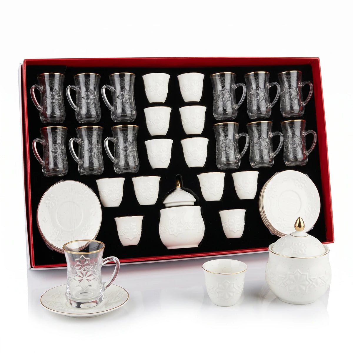 Rose tea & gahwa complete set – Glass Tea Cups, Porcelain Arabic Coffee Cups, Saucers, Lidded Candy Jar & Presentation Box