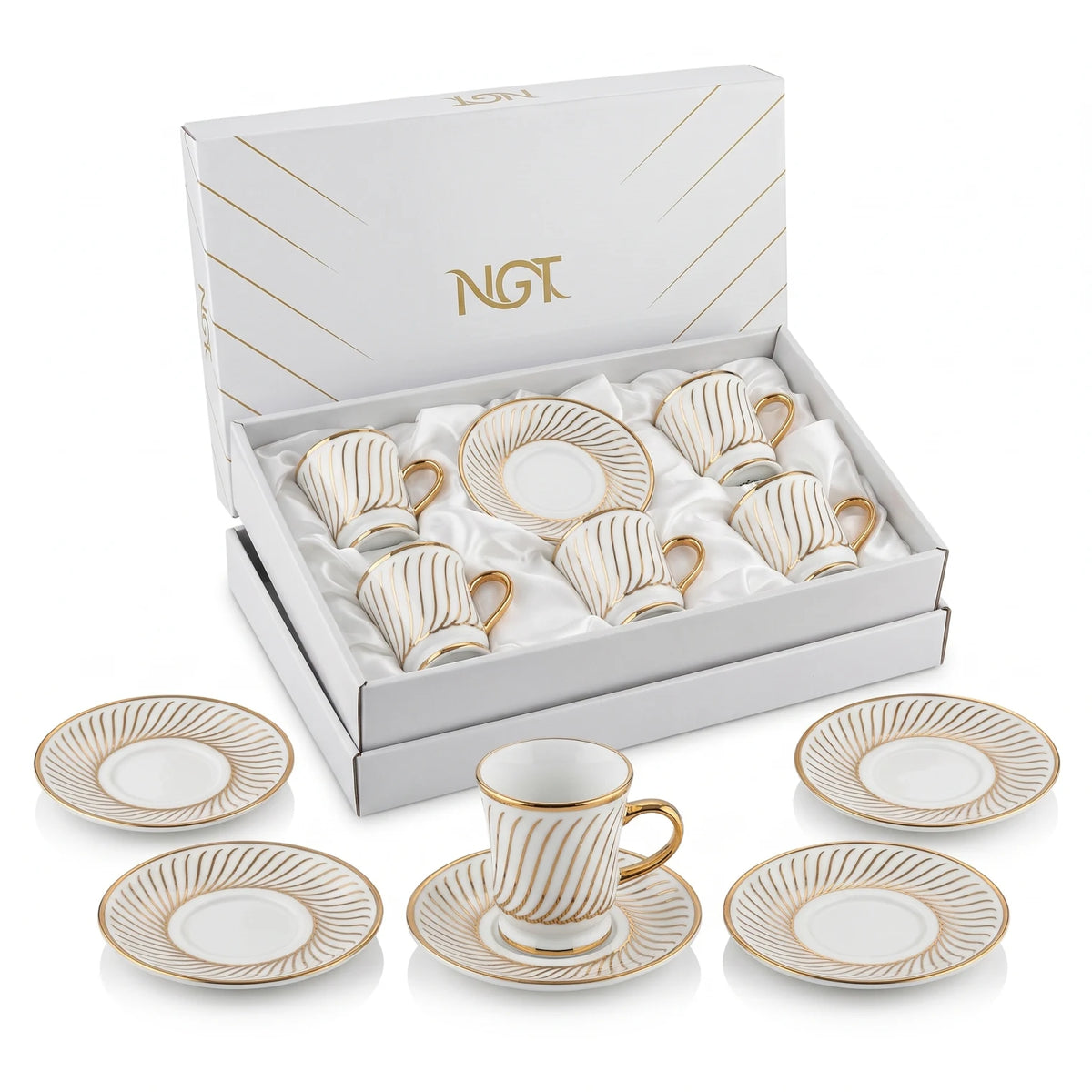 NGT Fine Porcelain Cups and Saucers Set – 12 Pieces | White Tea Coffee Cups with Gold-Colored Accents