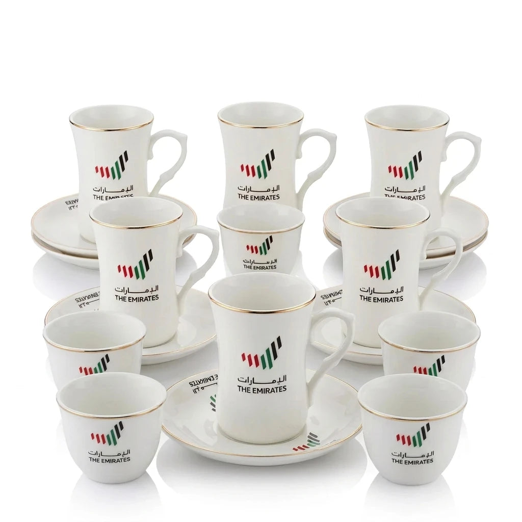 THE EMIRATES UAE National 18-Piece Fine Porcelain Tea and Coffee Set | 6 Tea Cups, 6 Saucers, 6 Arabic Coffee Cups, Gift Box