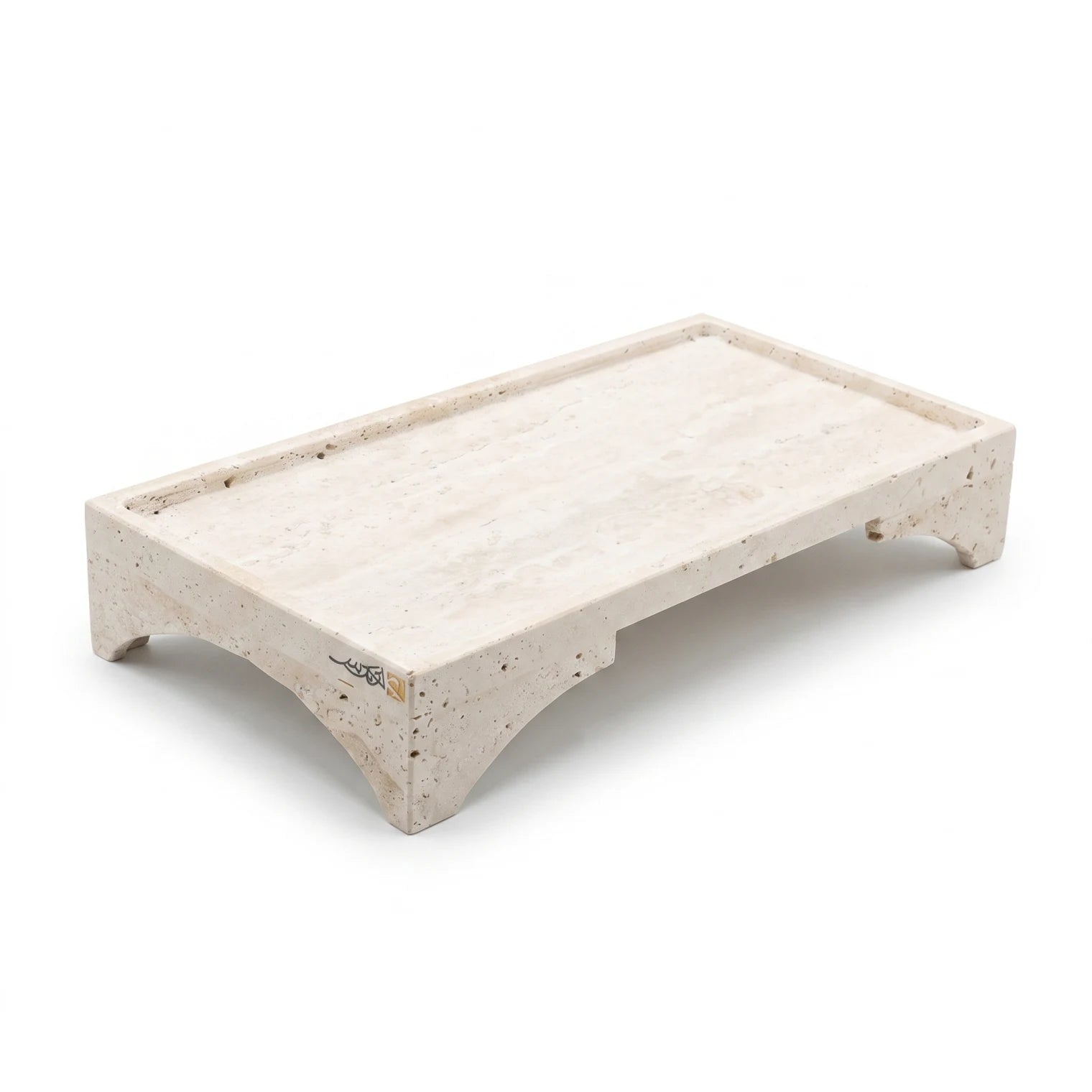 HAMS Natural Travertine Stone Tray Stand – 40cm with Raised Edges | Off-White Decorative Serving Stand