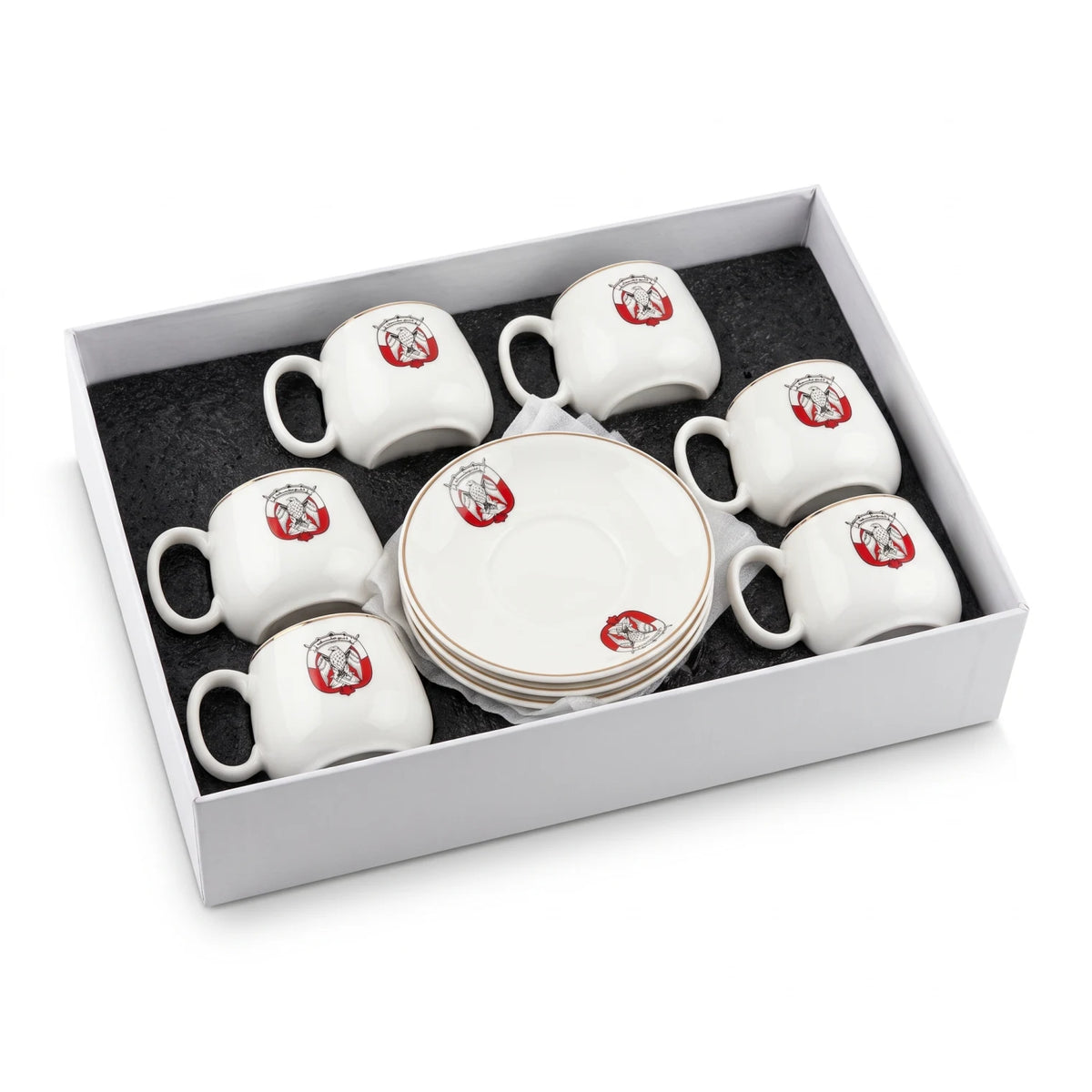 Abu Dhabi National Symbol 12-Piece Fine Porcelain Coffee Set β 6 Cups and 6 Saucers | White, Red, Black and Gold Emblem Design, Boxed Drinkware Set