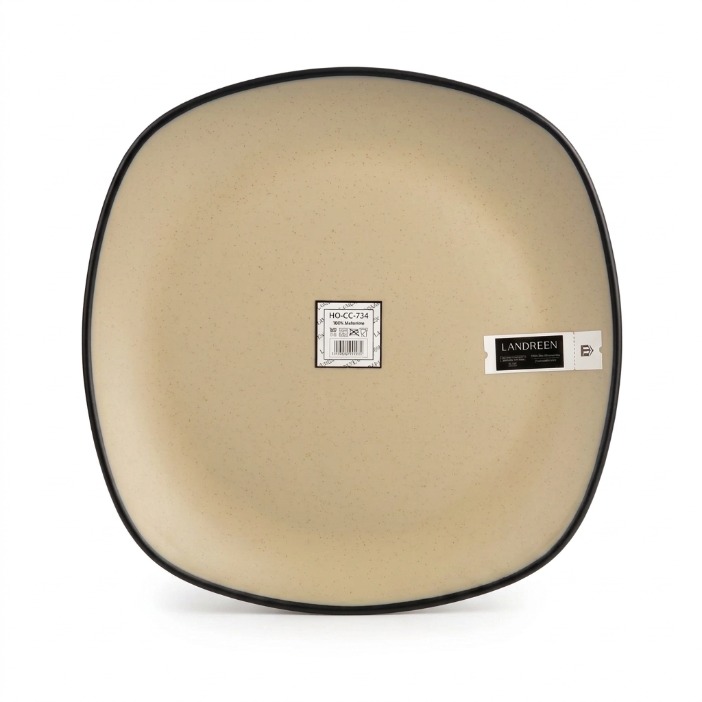 LANDREEN Melamine Dinner Plate 11 Inches – BPA-Free Beige Plate with Black Rim | 100% Melamine Tableware for Home Dining, Meals and Serving