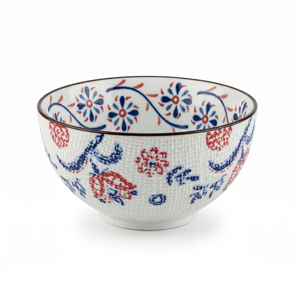 14 CM ceramic Bowl – White Round Footed Serving Bowl with Blue and Red Floral Pattern, Textured Exterior and Dark Rim