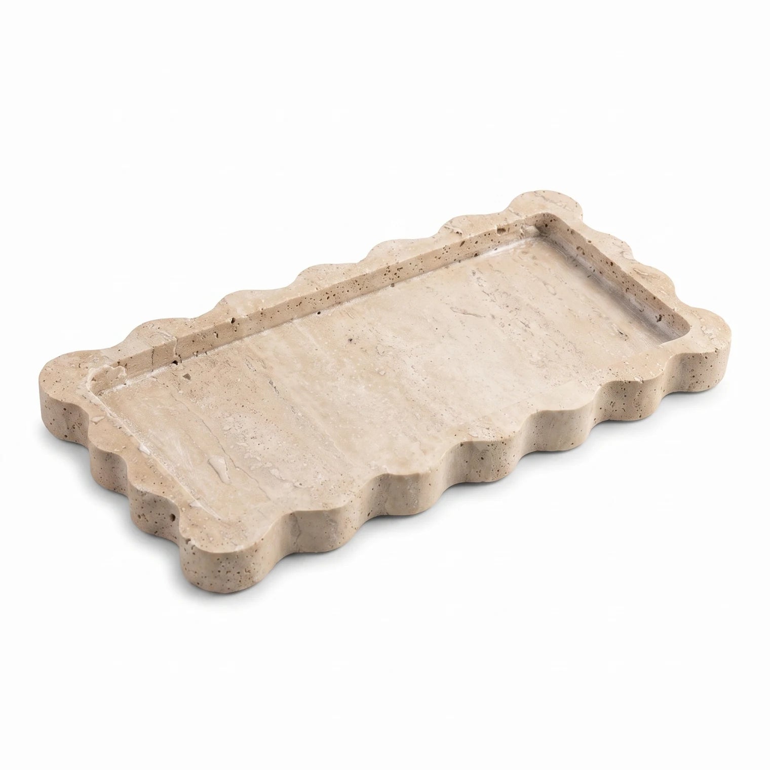 Rectangular Travertine Stone Scalloped Tray – 24 x 12 x 2 cm | Raised Rim | Light Beige Decorative Serving Tray
