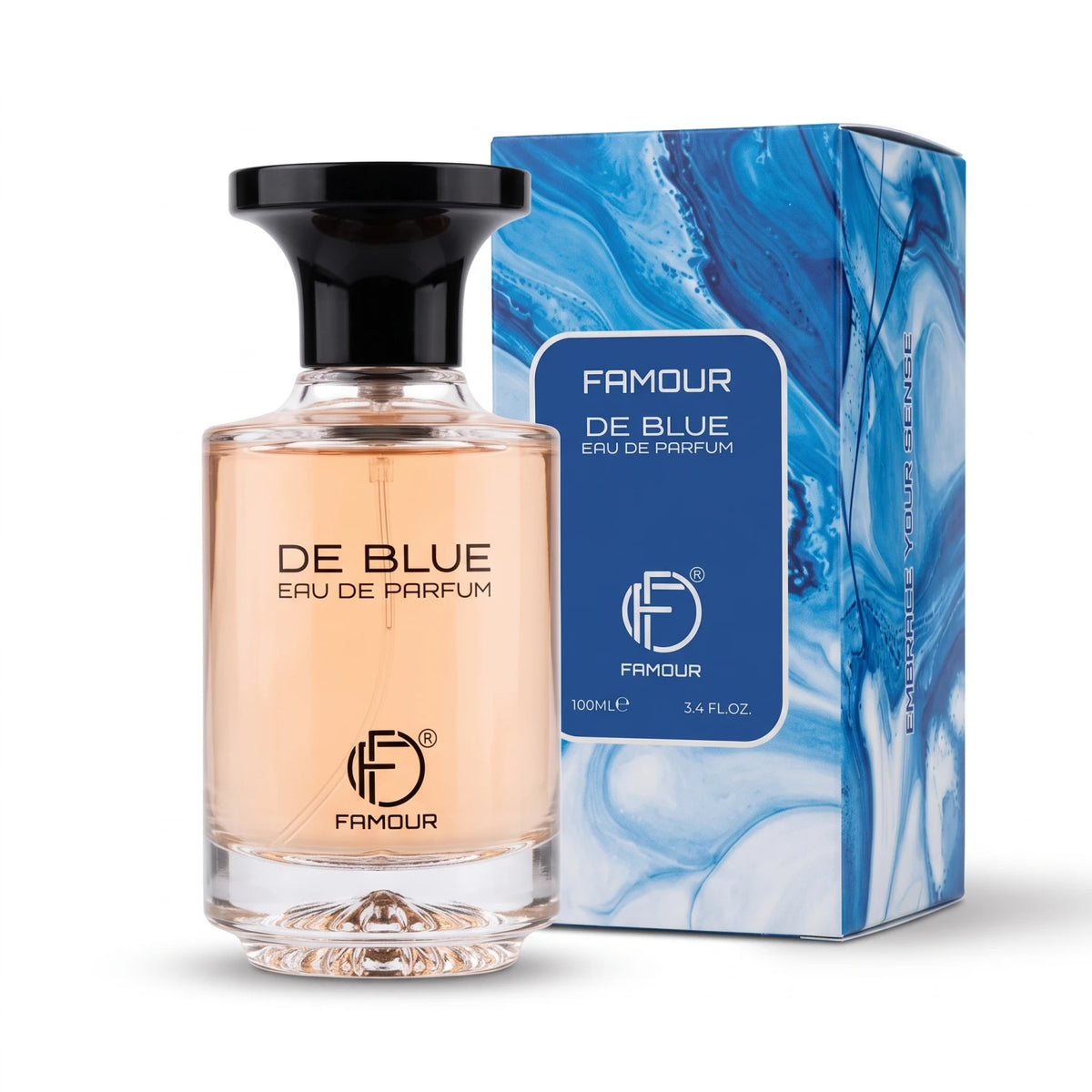 FAMOUR DE BLUE Eau de Parfum 100 ML – Clear Rectangular Bottle, Black Cap and Decorative Base