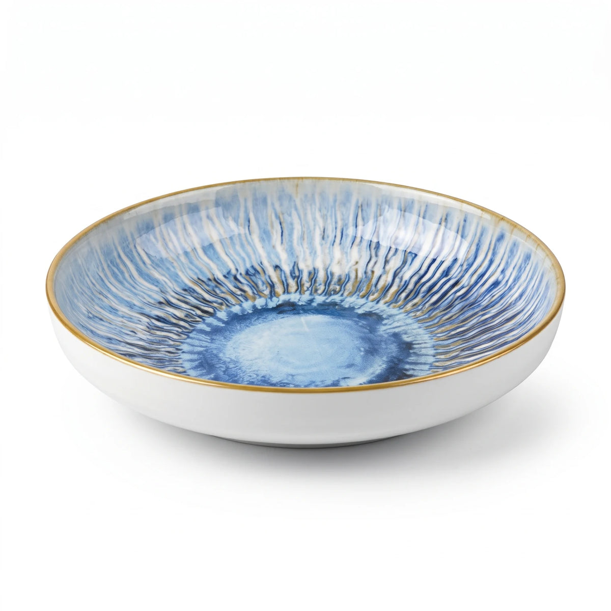 20 CM Porcelain Bowl – Blue and White Glossy Radiating Pattern, Gold-Colored Rim | Round Tableware for Dining and Serving