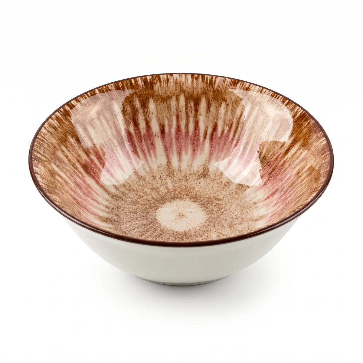 18 CM Porcelain Bowl – Brown, Cream & Pink Glossy Radial Design for Serving and Dining