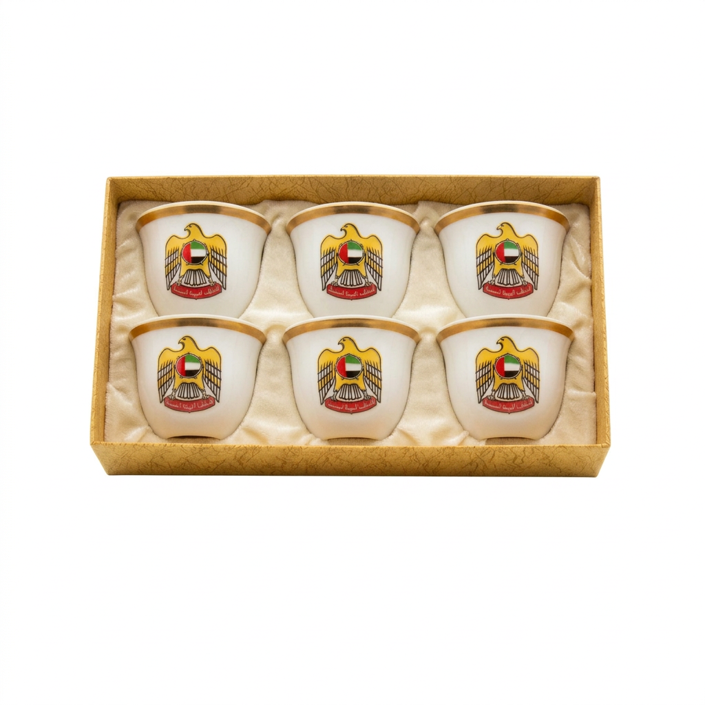 UAE national symbol 6 pieces large Arabic coffee cups set – Fine Porcelain | Gold Trim, UAE Emblems and Matching Saucers