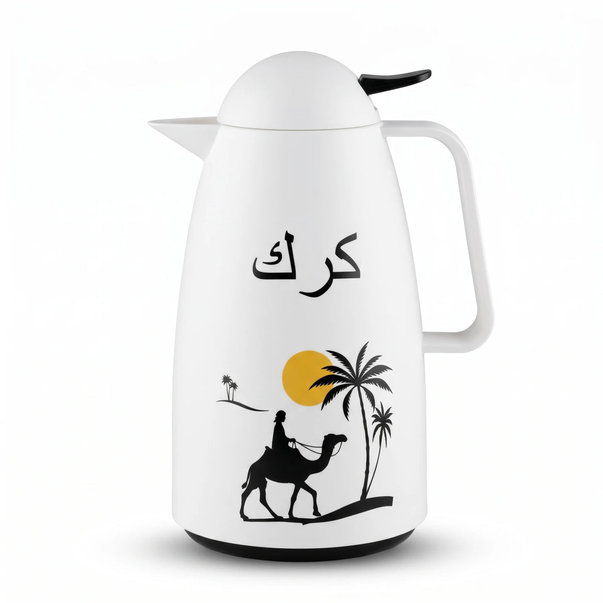 Crystal House white vaccum flask 1 Liter – Pink glass interior, leak proof, 12-hour hot and cold, Karak camel artwork