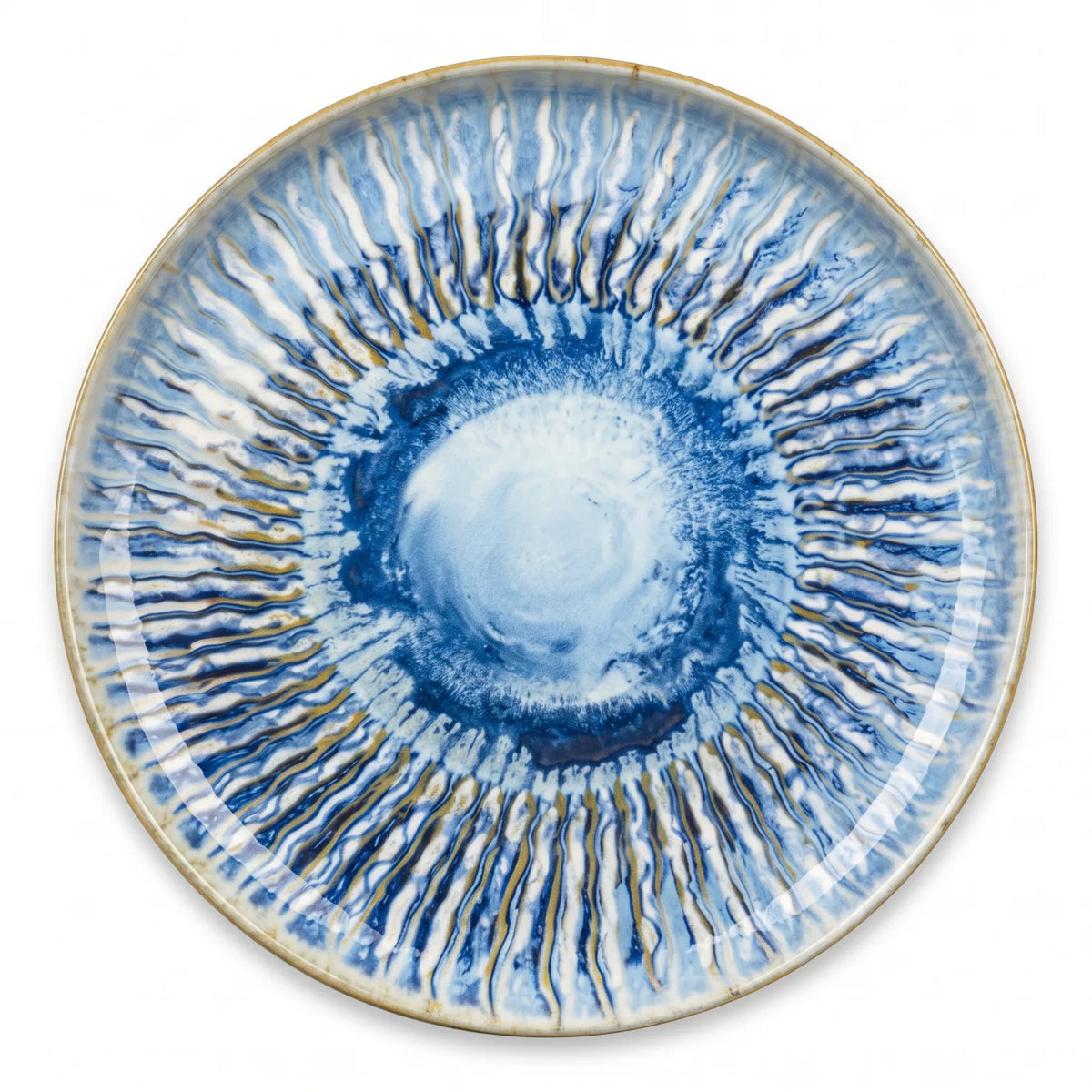 26 Cm Porcelain Dinner Plate – Blue, White and Gold Floral Sunburst Pattern with Gold-Colored Rim, Round Glazed Tableware for Dining