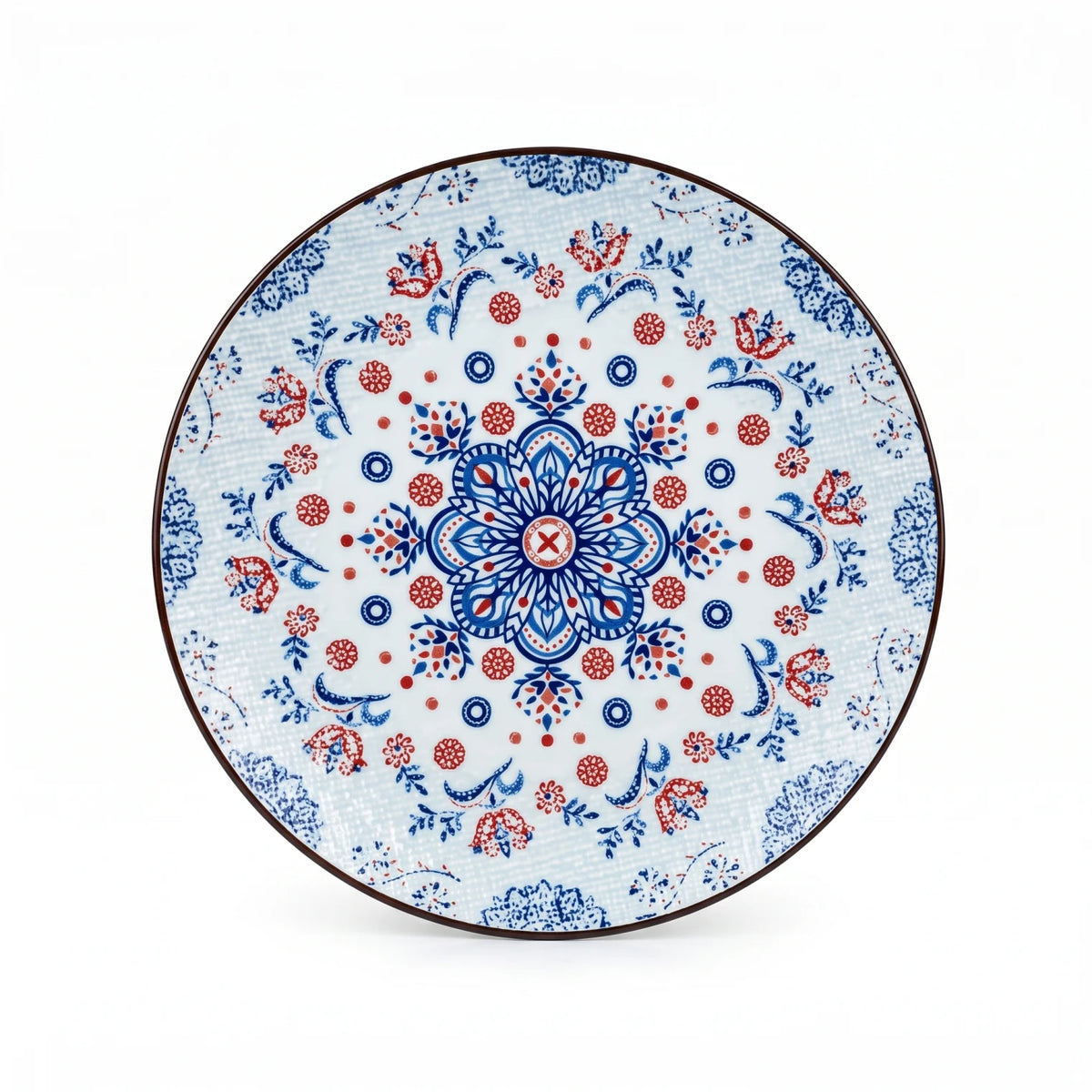 26 CM Ceramic Dinner Plate – Blue and Red Floral Pattern with Central Medallion and Decorative Brown Rim