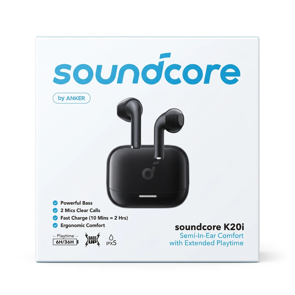 soundcore K20i Black Wireless Earbuds with Charging Case | BassUp, Clear Calls, Fast Charge, 6H/36H Playtime and IPX5