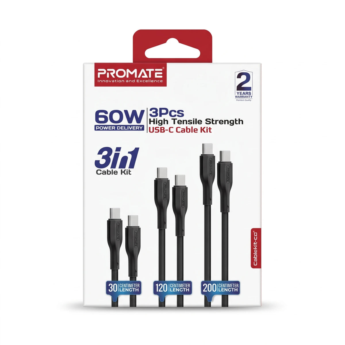 PROMATE 3in1 Cable Kit – 3PCS USB-C Cables in 30cm, 120cm and 200cm | Power Delivery, High Tensile Strength, Black Charging Set