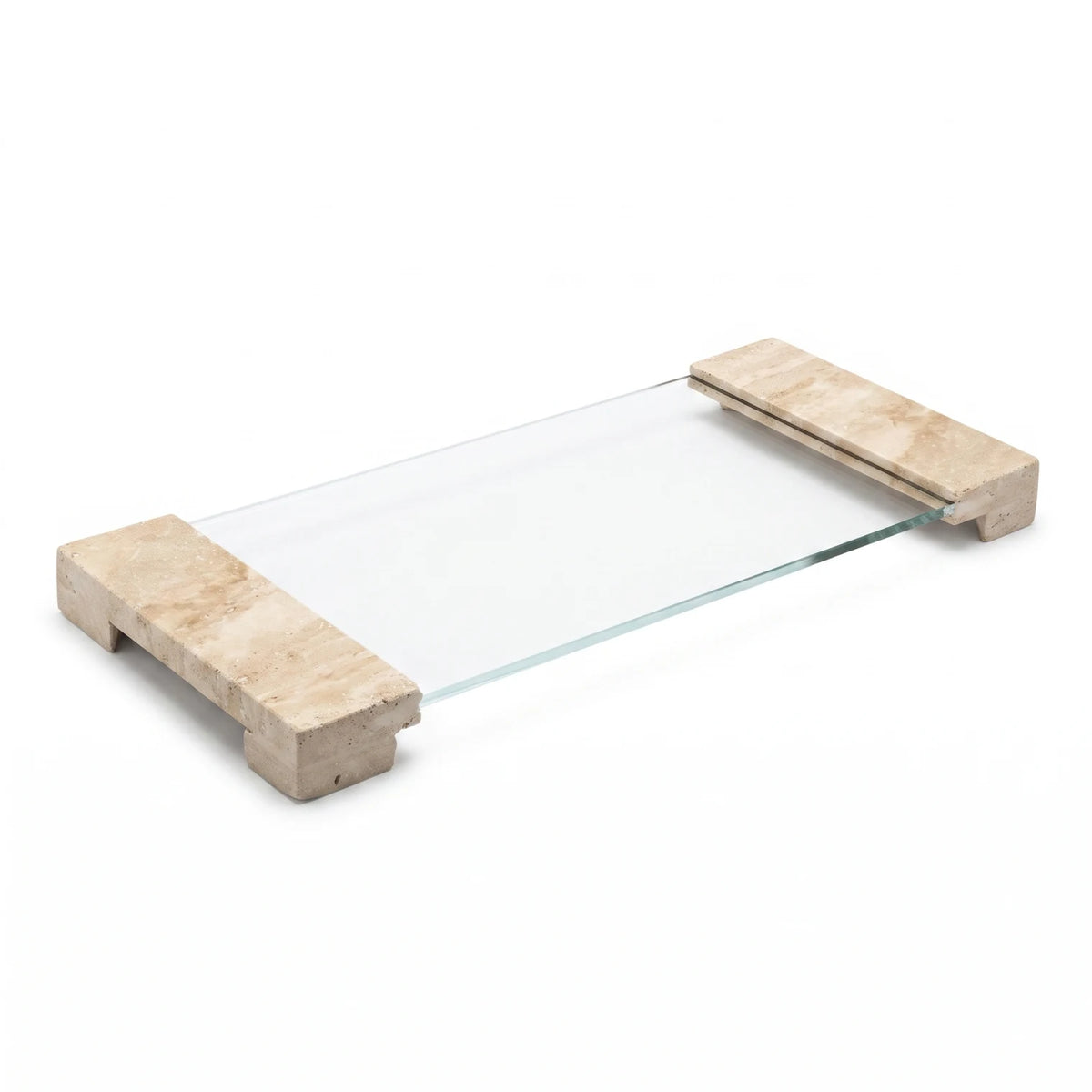 Glass Decorative Serving Tray – 49 x 20 x 4 cm | Natural Stone Handles & Legs