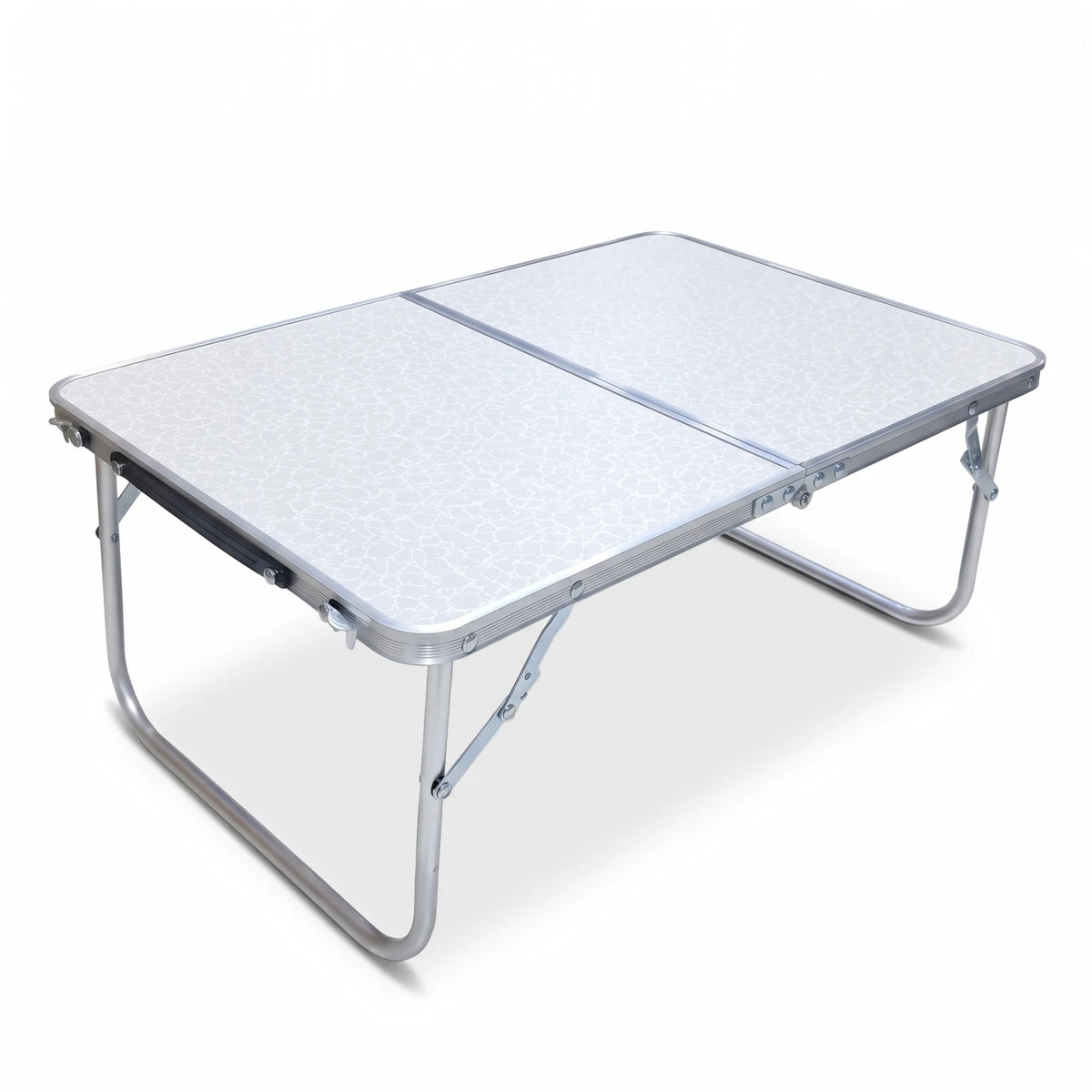 Aluminium Alloy Foldable Mini Camping Table – 60 x 40 x 26 cm | White Patterned Top, Silver Frame and Folding Legs