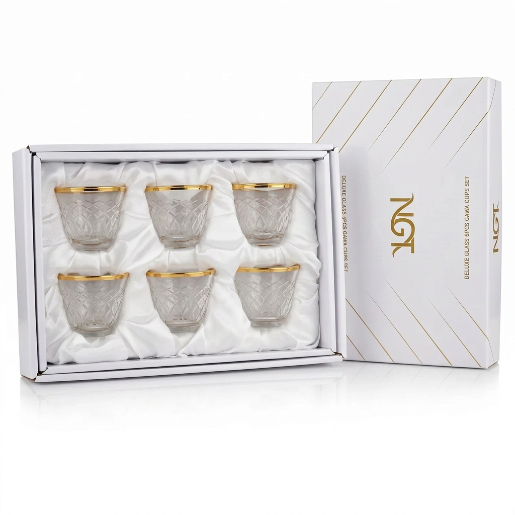 NGT 6 Pieces Glass Arabic Coffee Cups Set – Faceted Diamond Pattern, Gold-Colored Rim, Clear Glasses in Presentation Box