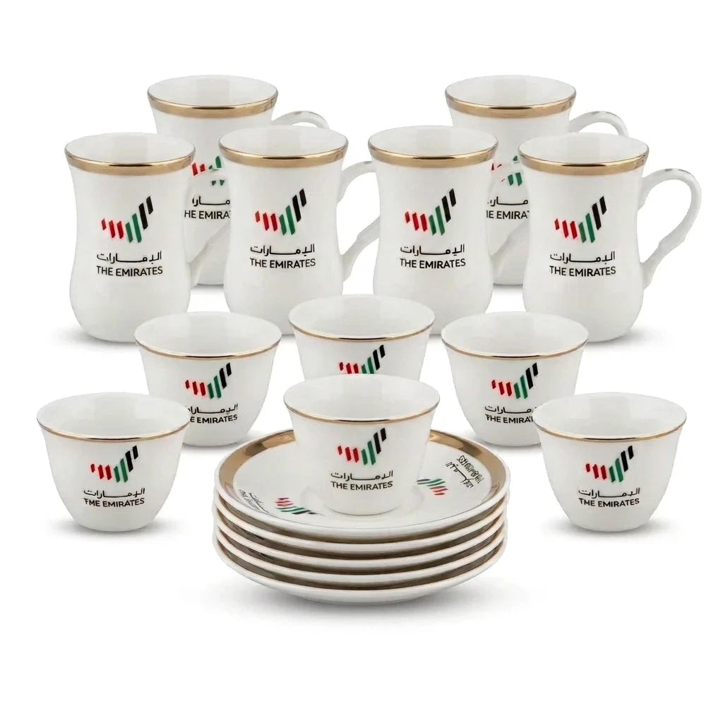 UAE national 18 pieces fine porcelain tea and coffee set β 6 Tea Cups, 6 Saucers & 6 Arabic Coffee Cups | White, Gold Rimmed UAE Design