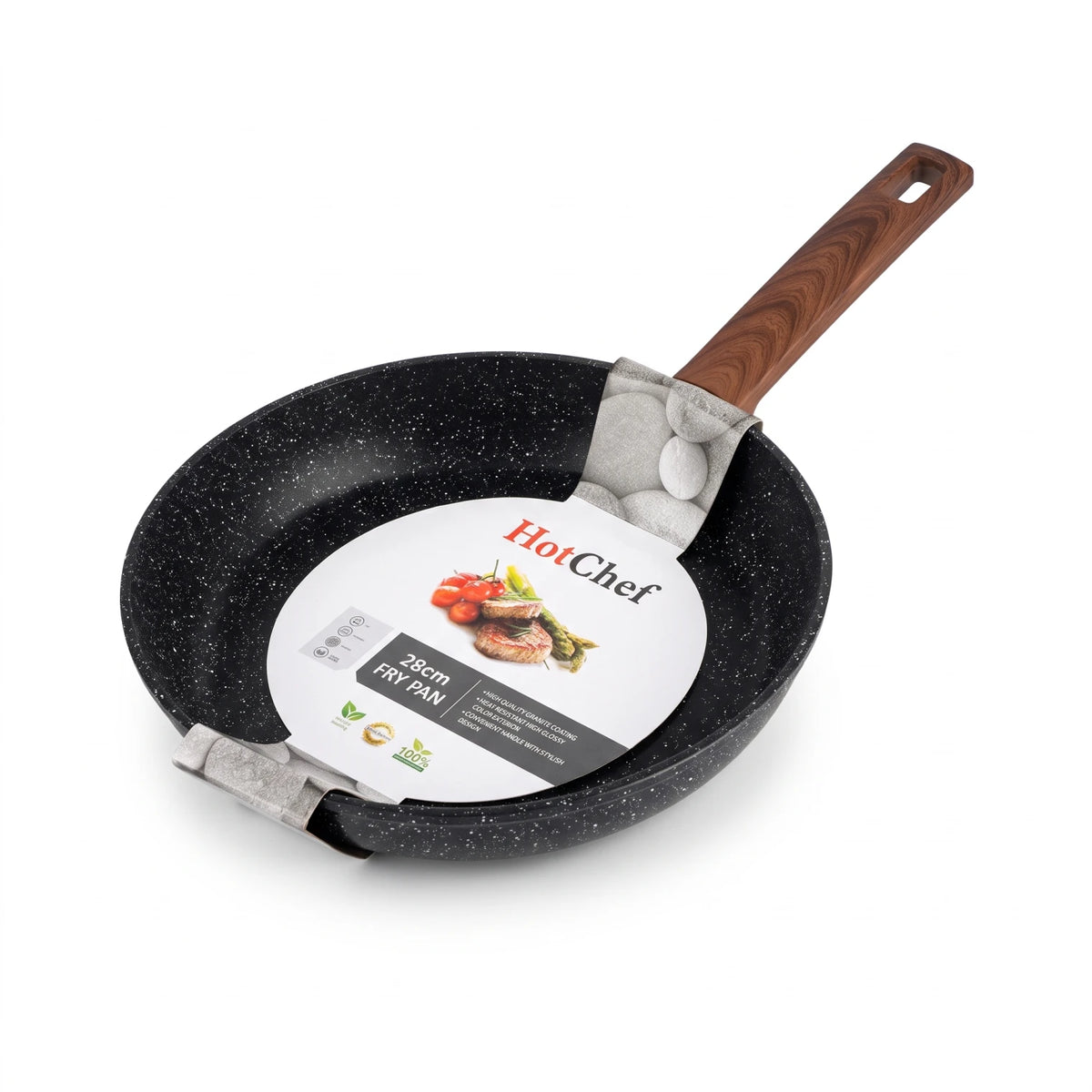 Hot Chef 28 CM Granite Coating Frying Pan – Induction Bottom | Ergonomic Handle | Heat-Resistant Glossy Exterior | Black Speckled Fry Pan