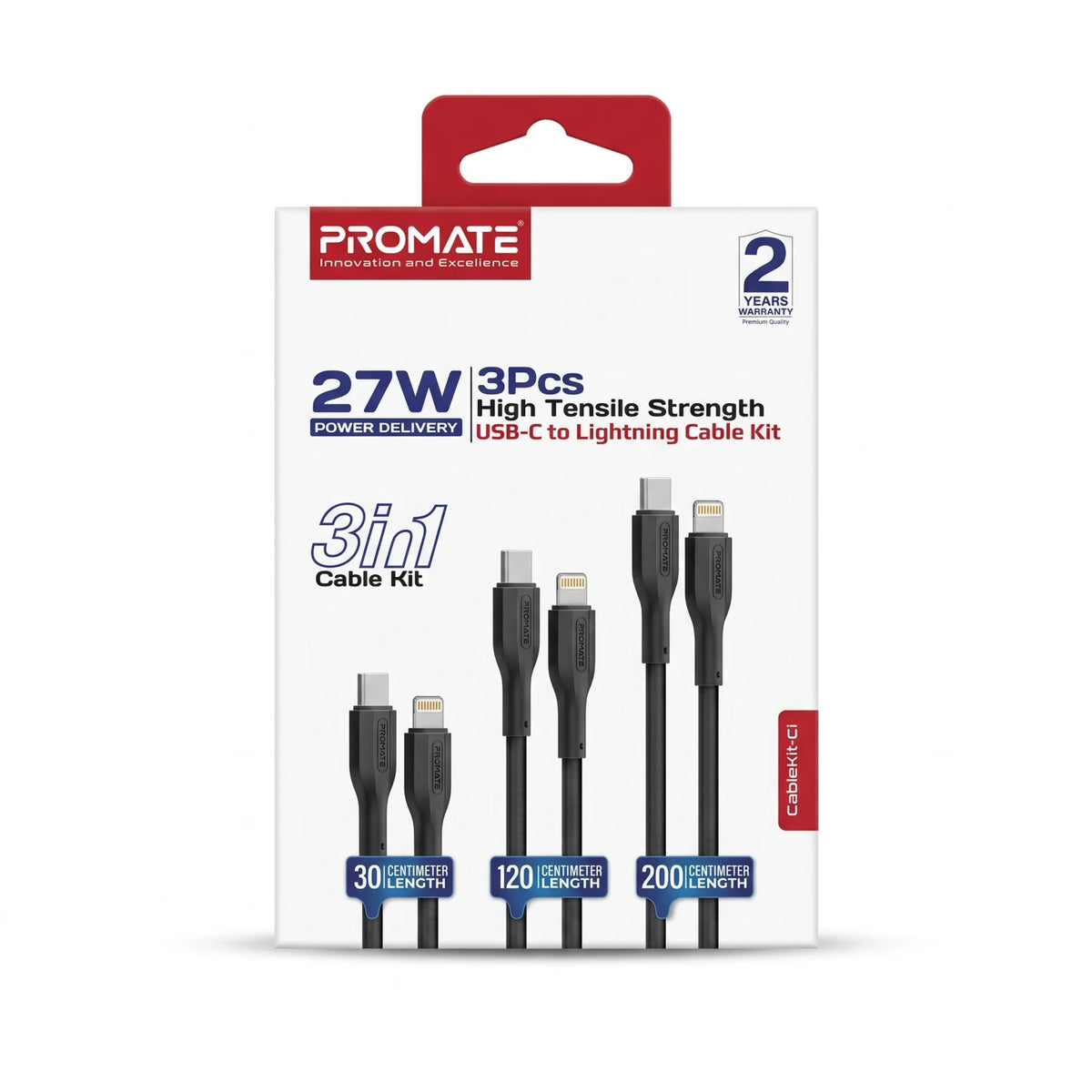 PROMATE CableKit-C USB-C to Lightning Cable Kit – 3 Pcs, 30cm, 120cm & 200cm | 27W Power Delivery | High Tensile Strength