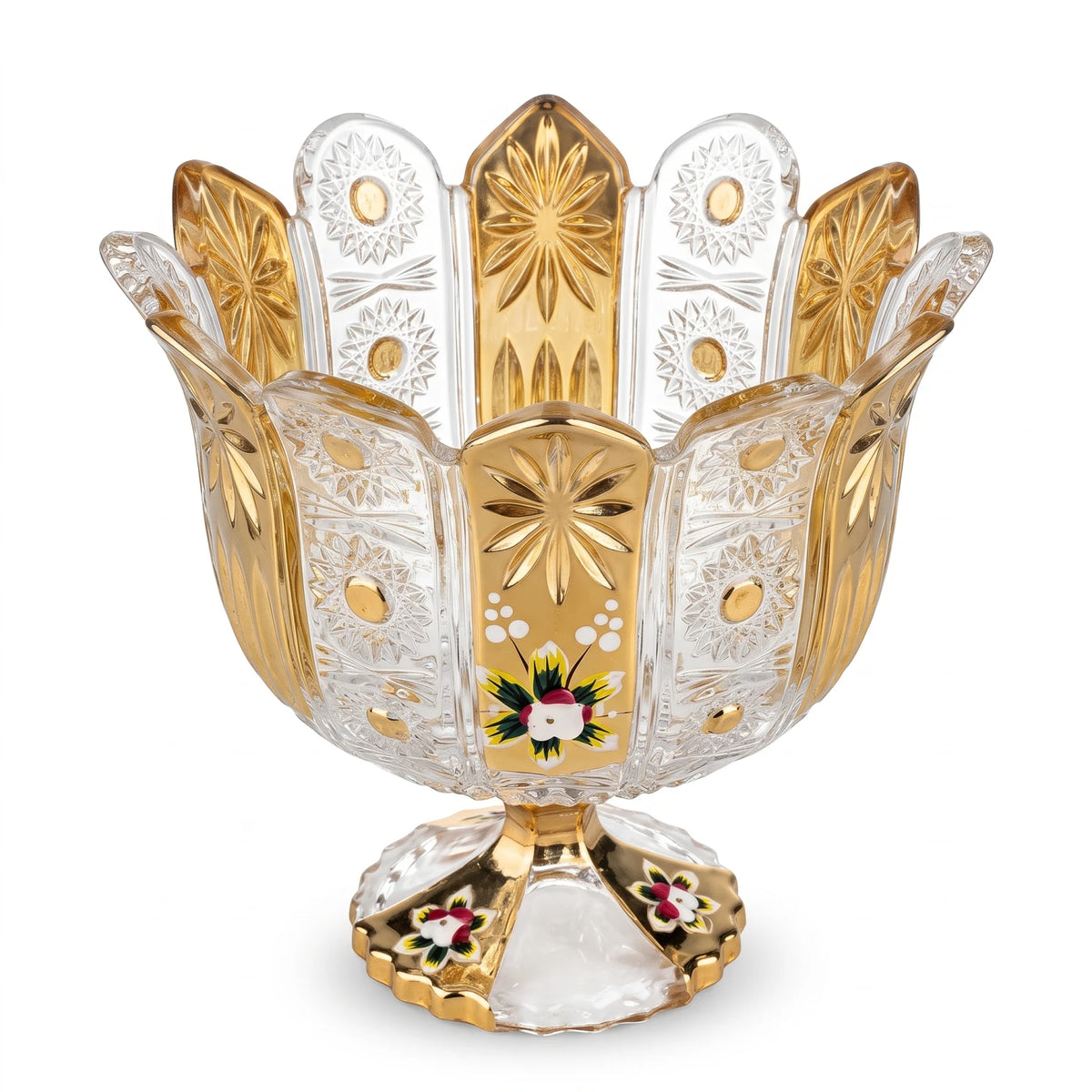M.E.W Elegant Glass Candy Bowl – 14 cm Gold Panel Design with Raised Floral Enamel, Decorative Sweet Serving Bowl for Candies and Chocolates