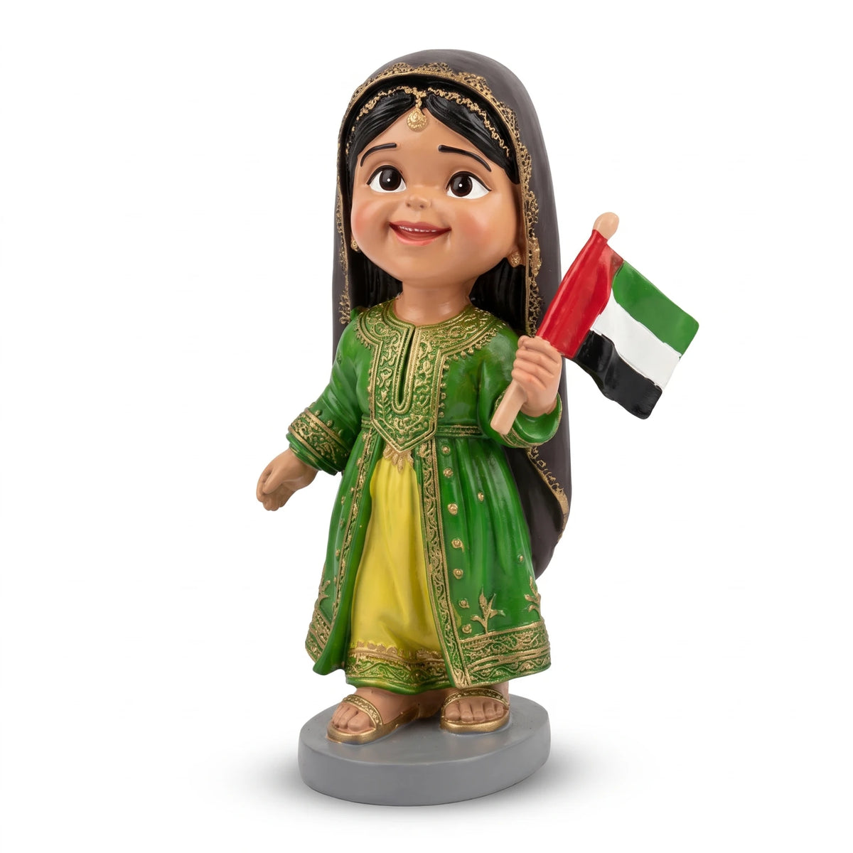 Decorative Female Figurine Statue – 22 cm | Green Traditional-Style Outfit, Gold Details, Multicolored Flag & Oval Base