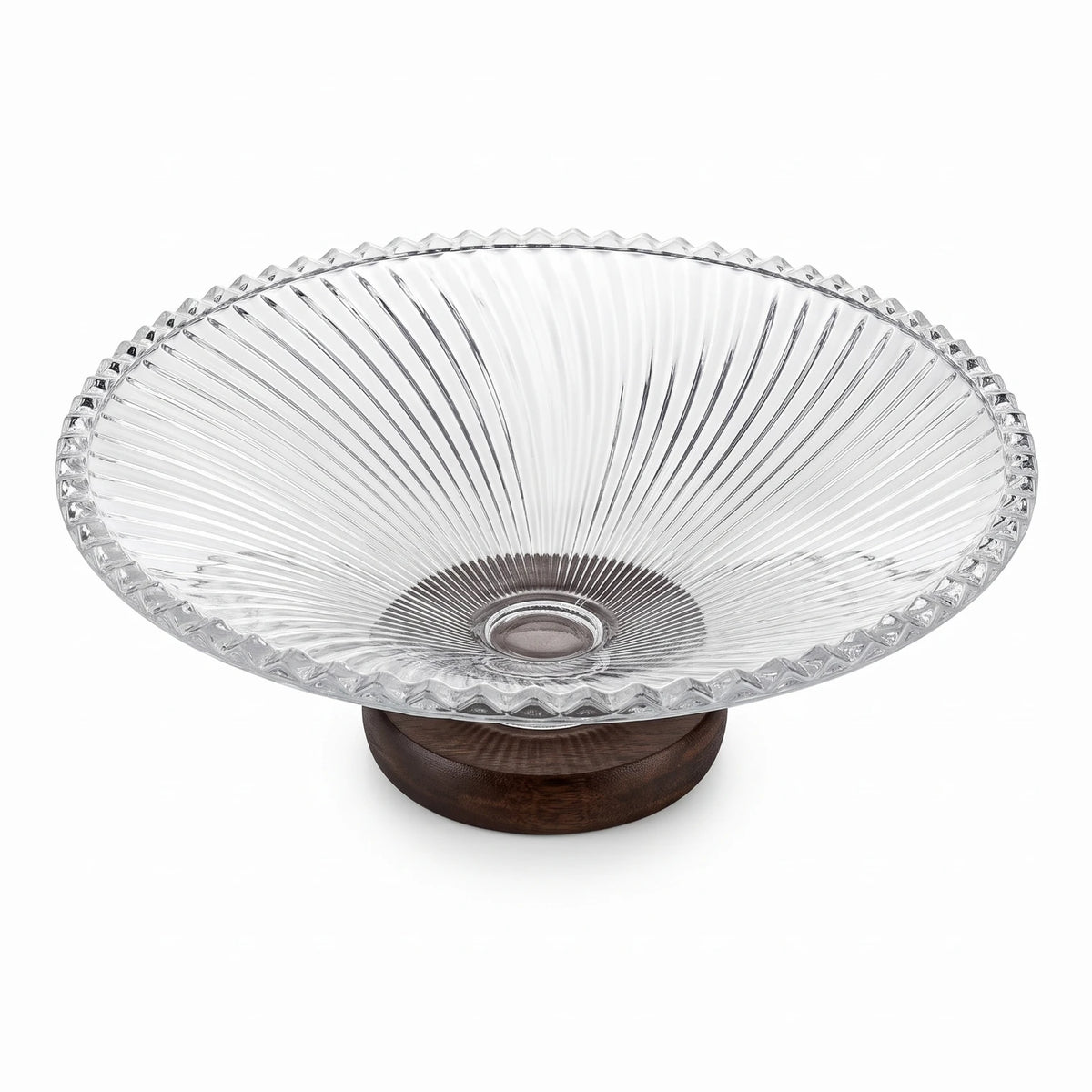 Premium Glass Fruit Platter with Radiant Ribbed Design – 25 x 25 x 9 cm, Dark Wood Pedestal Base, Decorative Serving Dish