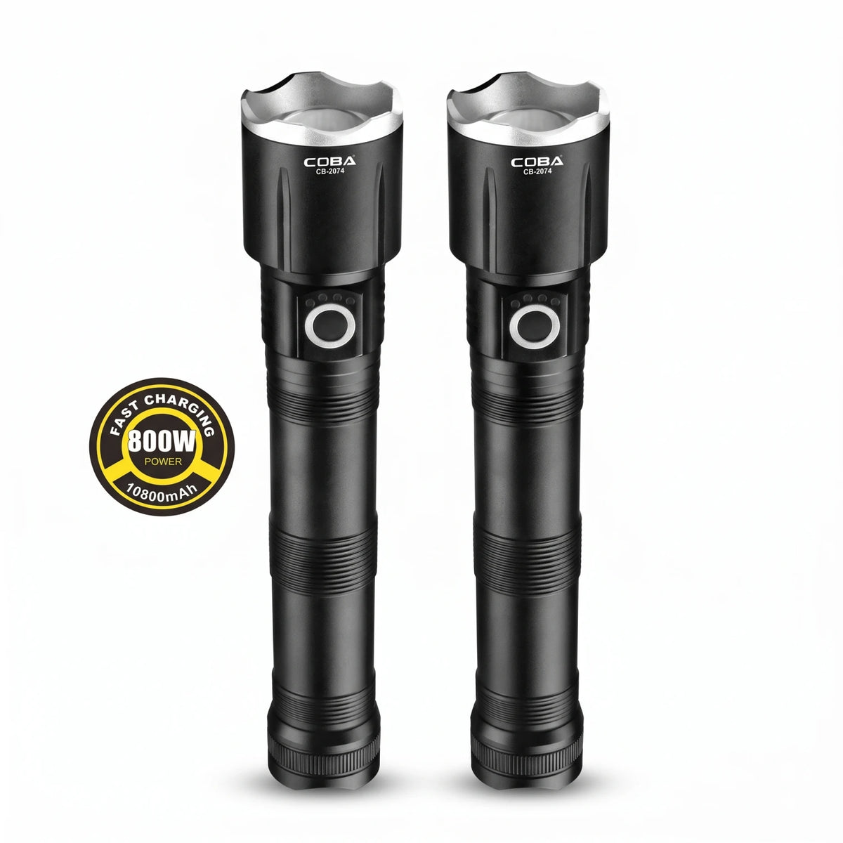 COBA LED aluminium alloy flashlight (2pcs) – Black 23cm Fast-Charging Torch with 800W Power, 10800mAh Marking and Ribbed Grip