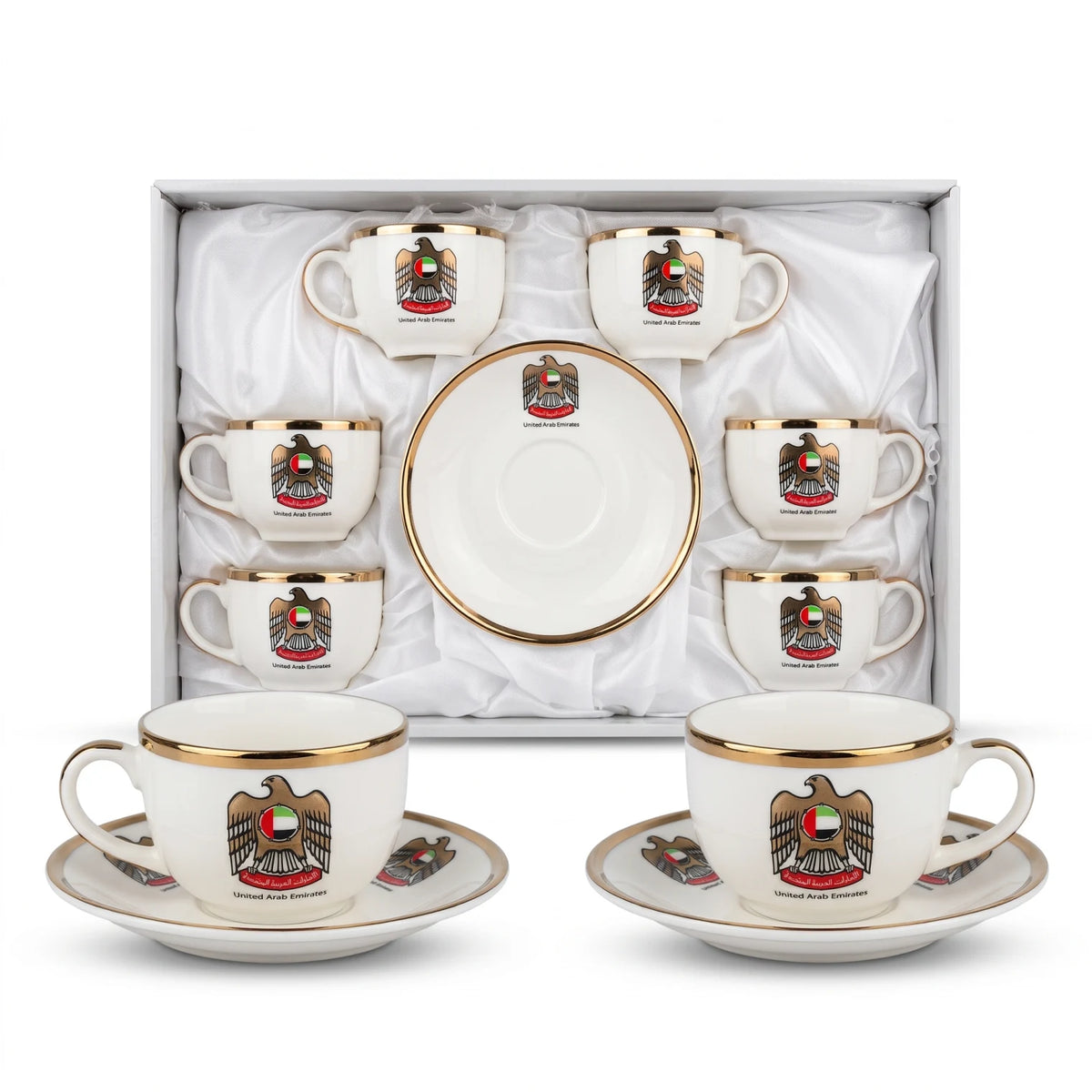 HAFIT Ceramic 12-Piece Cups and Saucers Set – 6 Cups & 6 Saucers | White Glossy Finish with Gold Trim, UAE Emblem, Presentation Box