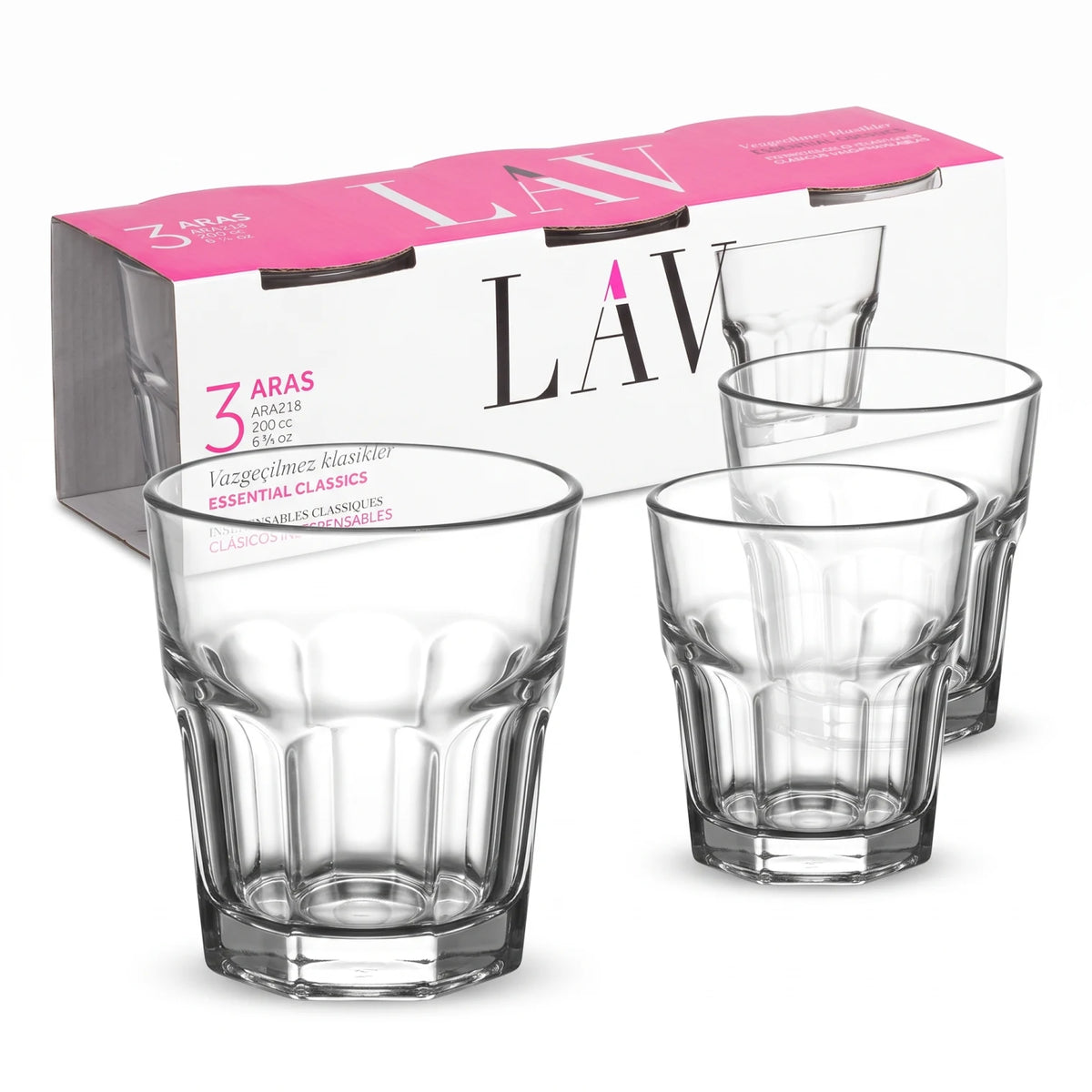 LAV 3 Pieces Glass Set – 200 CC Clear Tumblers, 82 mm Height, Dishwasher Safe, Thick Base, Made in Turkey