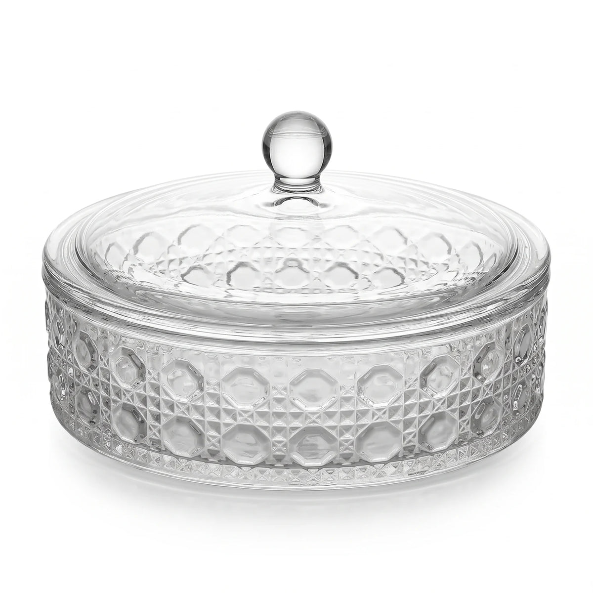 AML Glass Candy Pot – 25.5 CM Covered Glass Dish with Clear Dome Lid and Decorative Geometric Pattern