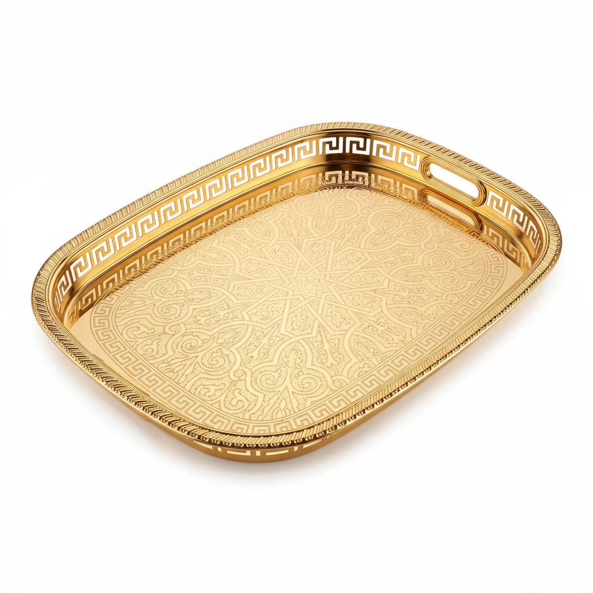M.E.W Luxury Metal Serving Tray with Mirrored Center – Small, Medium or Large | Silver or Gold | Engraved Greek Key Border - Gold / Small - Image 1