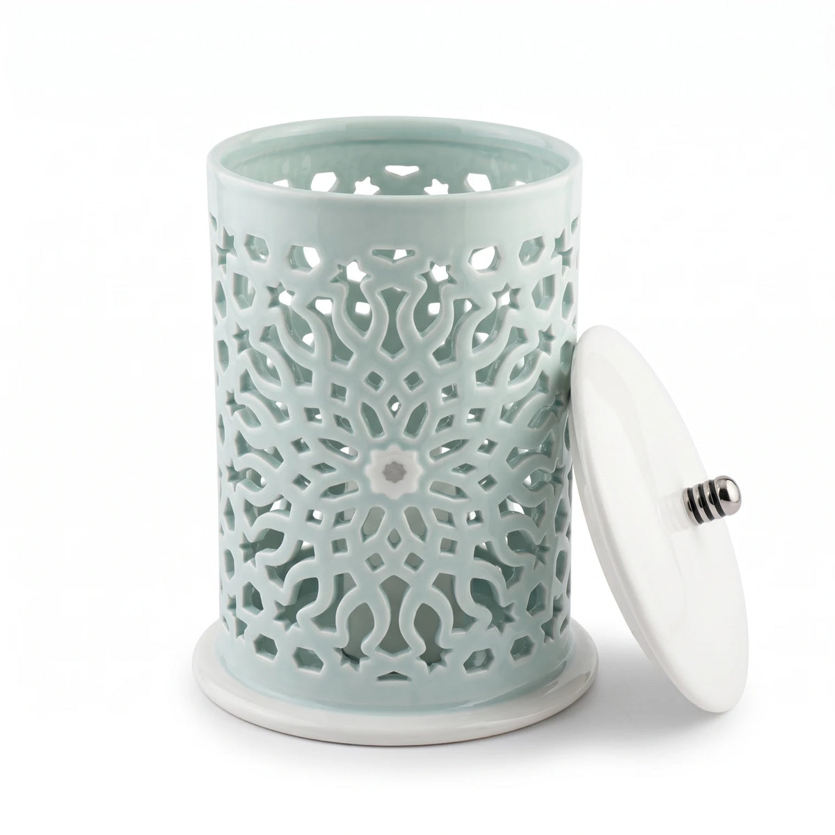 Otantik Home Asalah Electronic Candle Holder – Teal & Silver, 24cm | Intricate Porcelain Cutout Design | Decorative Home Accent