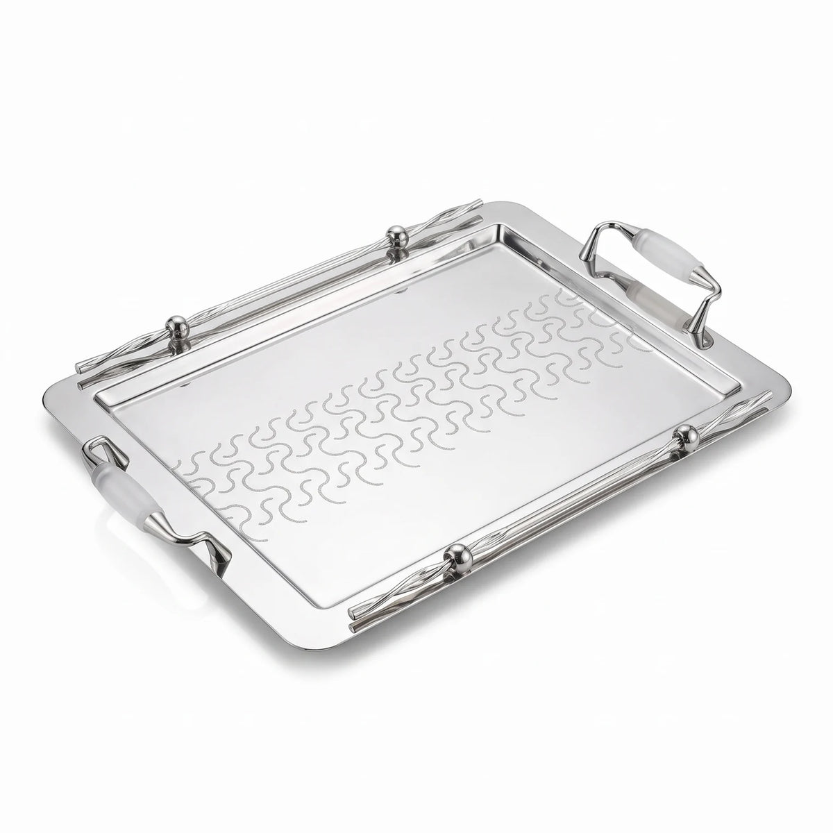 Ansa Luxury Metal Serving Tray – 47 x 32 x 14cm | Geometric Pattern, Raised Rim and Side Handles | Multiple Colour Options - Silver - White - Image 1