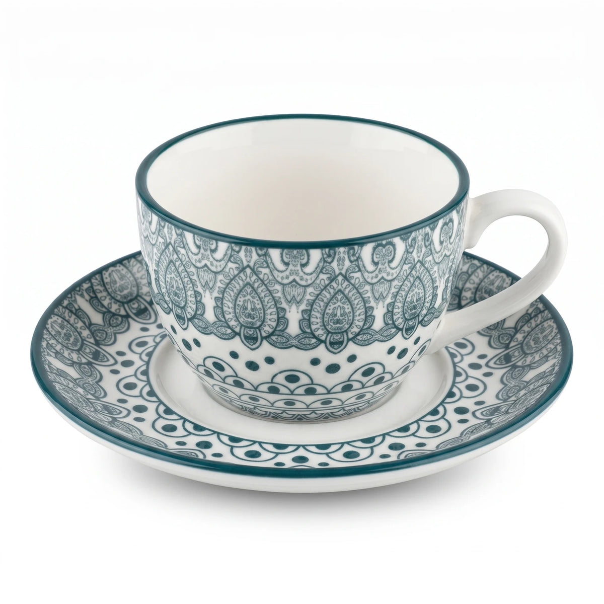 Che Brucia 200 ML Porcelain Cup and Saucer Set – Blue or Green | Floral Paisley Pattern | Matching Handled Coffee and Tea Service - Green - Image 1