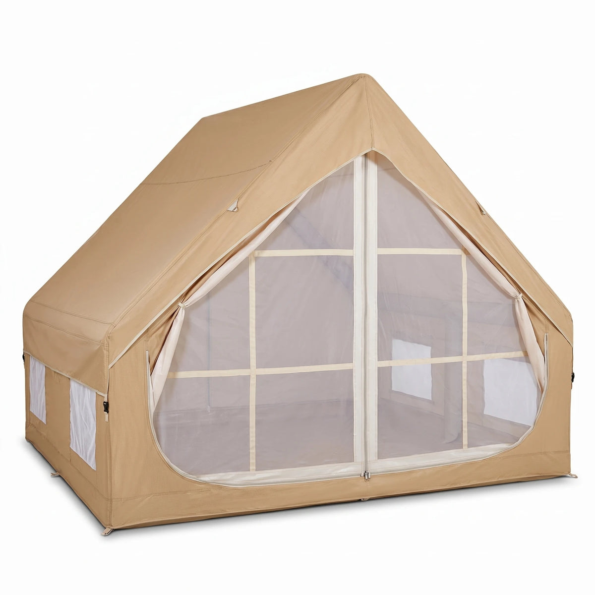 Large Beige Inflatable Camping Tent – 200 x 210 x 300 cm | Peaked Roof, Zippered Doorway, Multiple Window Panels | Outdoor Inflatable Shelter