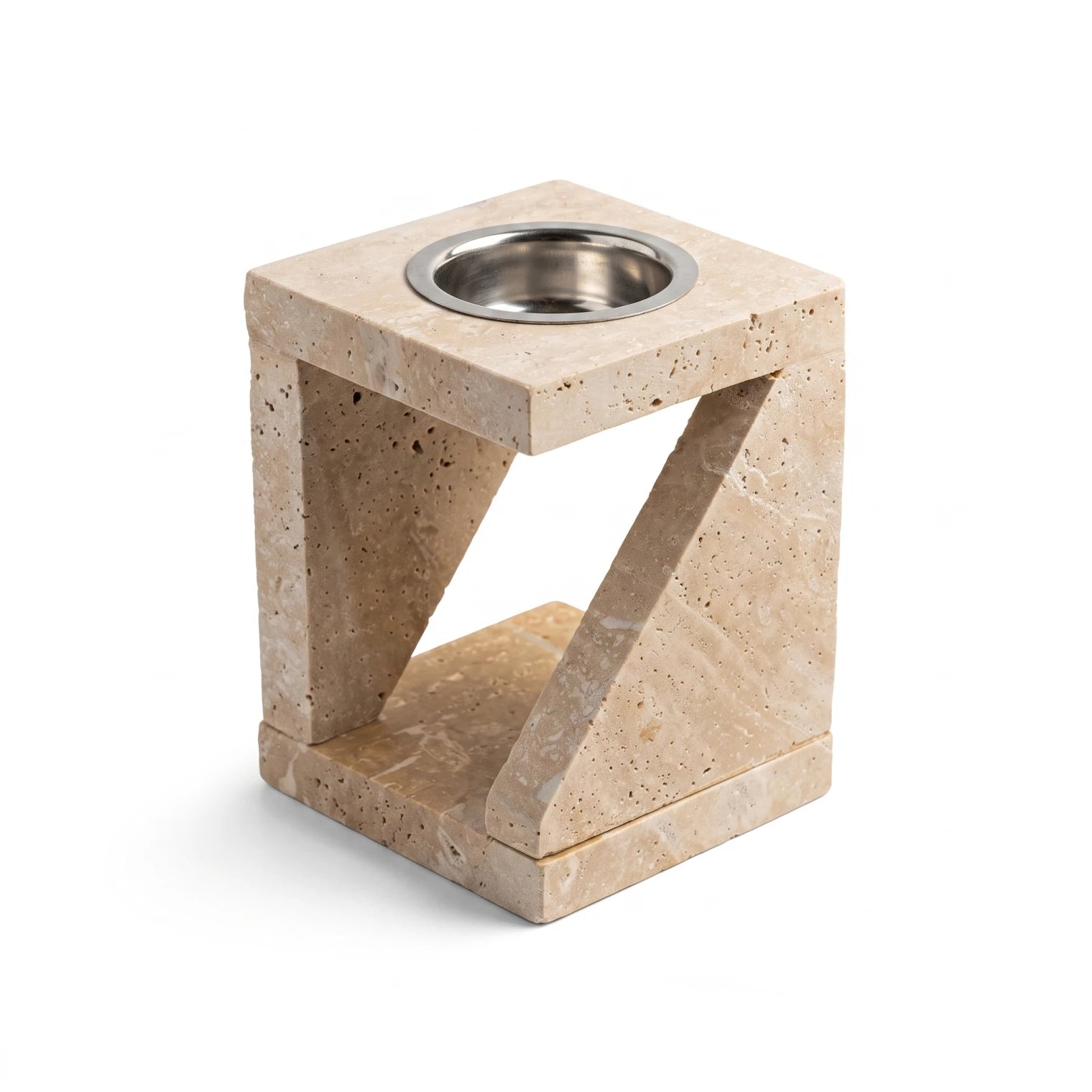 Natural Travertine Stone Madkhan – 13cm Tall | Beige Stone Design | Silver Metal Insert | Decorative Pedestal Style