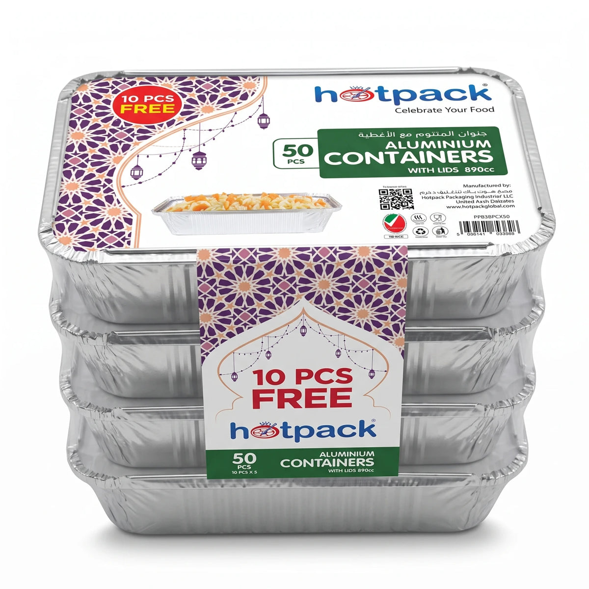 Hot pack Aluminum container with Lis, 890cc Pack of 50 Pieces | Food Grade Silver Containers with Lids for Hot Food