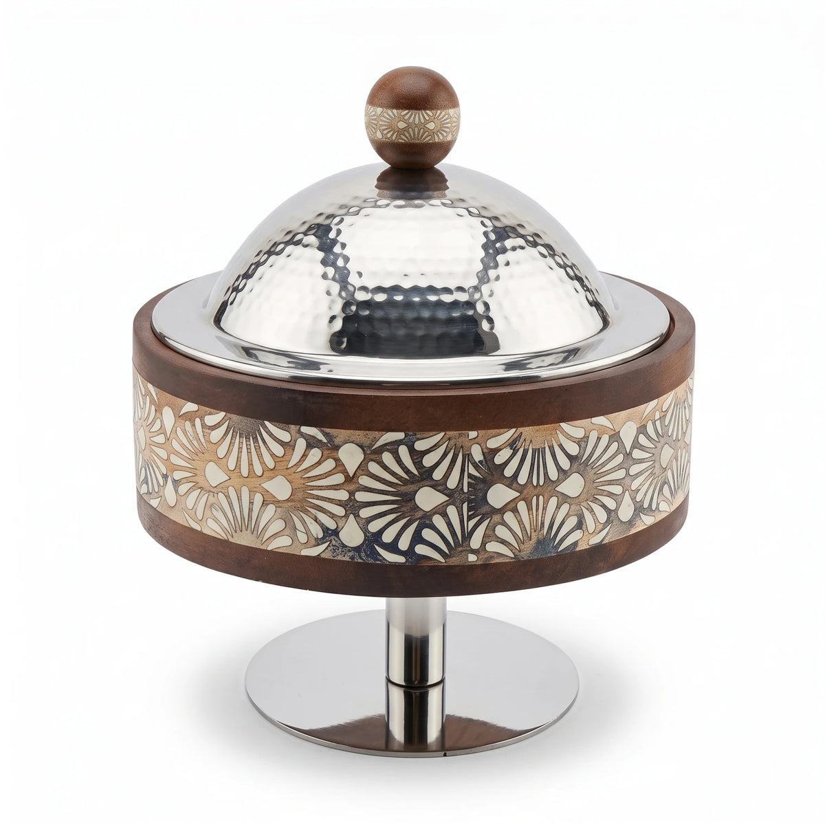 Dallah Addar Wooden and Steel Serving Pot with Stand – 26cm Height, 22cm Width, Ornate Lidded Design for Serving and Display