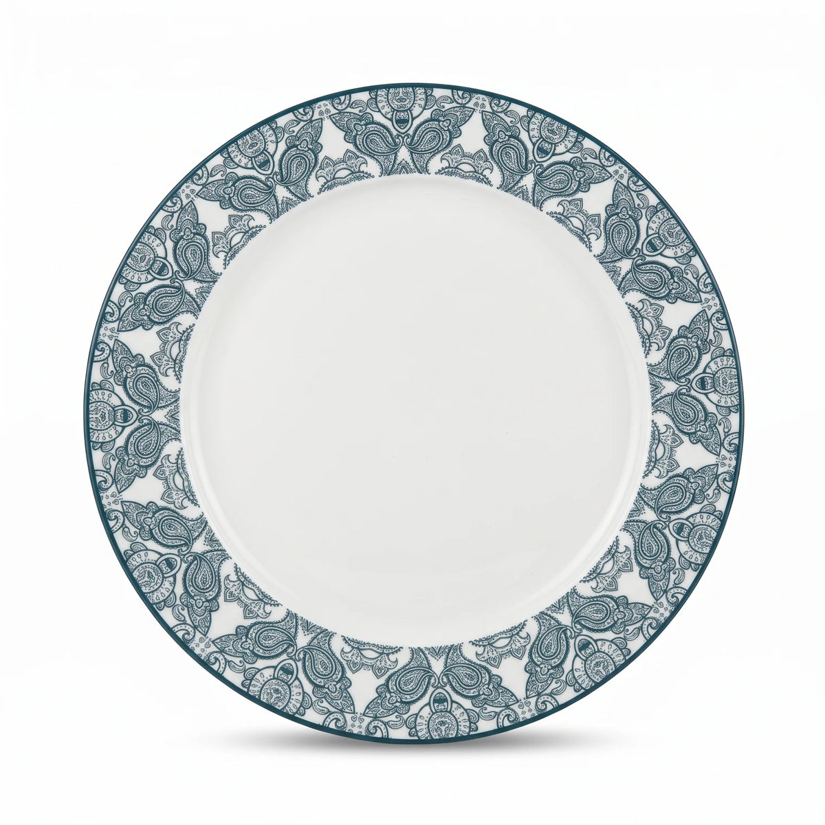 Che Brucia 30 CM Large Round Porcelain Flat Plate – White with Dark Teal Paisley Rim for Decorative Dining and Table Settings