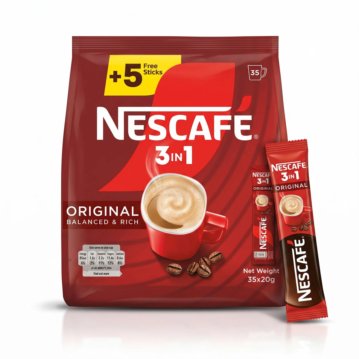 NESCAFÉ 3 IN 1 Original Instant Coffee Drink Mix, 35 Sticks x 20g | Balanced & Rich Coffee Sachets for Single-Cup Preparation