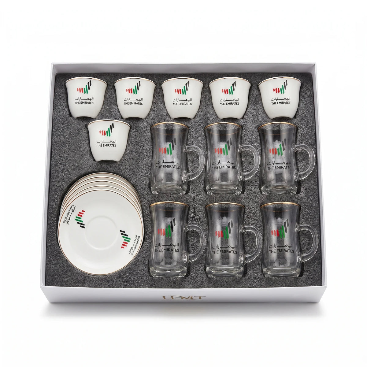The Emirates 18-Piece Cups and Saucers Set – Arabic Coffee Cups, Glass Tea Cups and Ceramic Saucers with UAE-Themed Design
