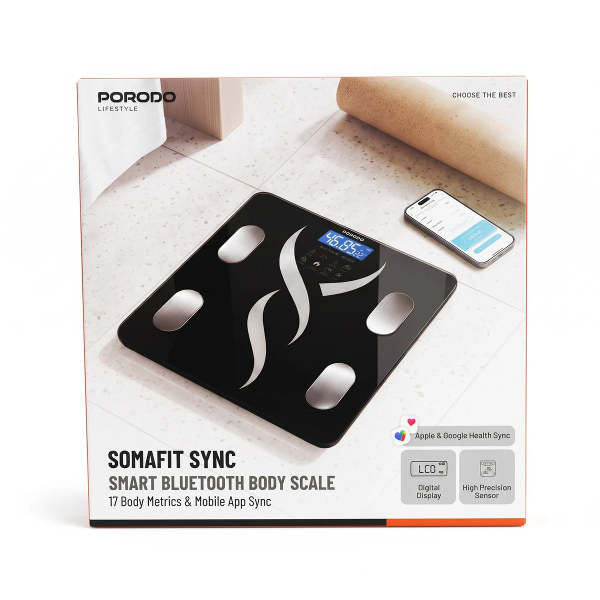PORODO SOMAFIT SYNC Smart Bluetooth Body Scale – 180kg Capacity | 17 Body Metrics | Digital Display | Apple & Google Health Sync