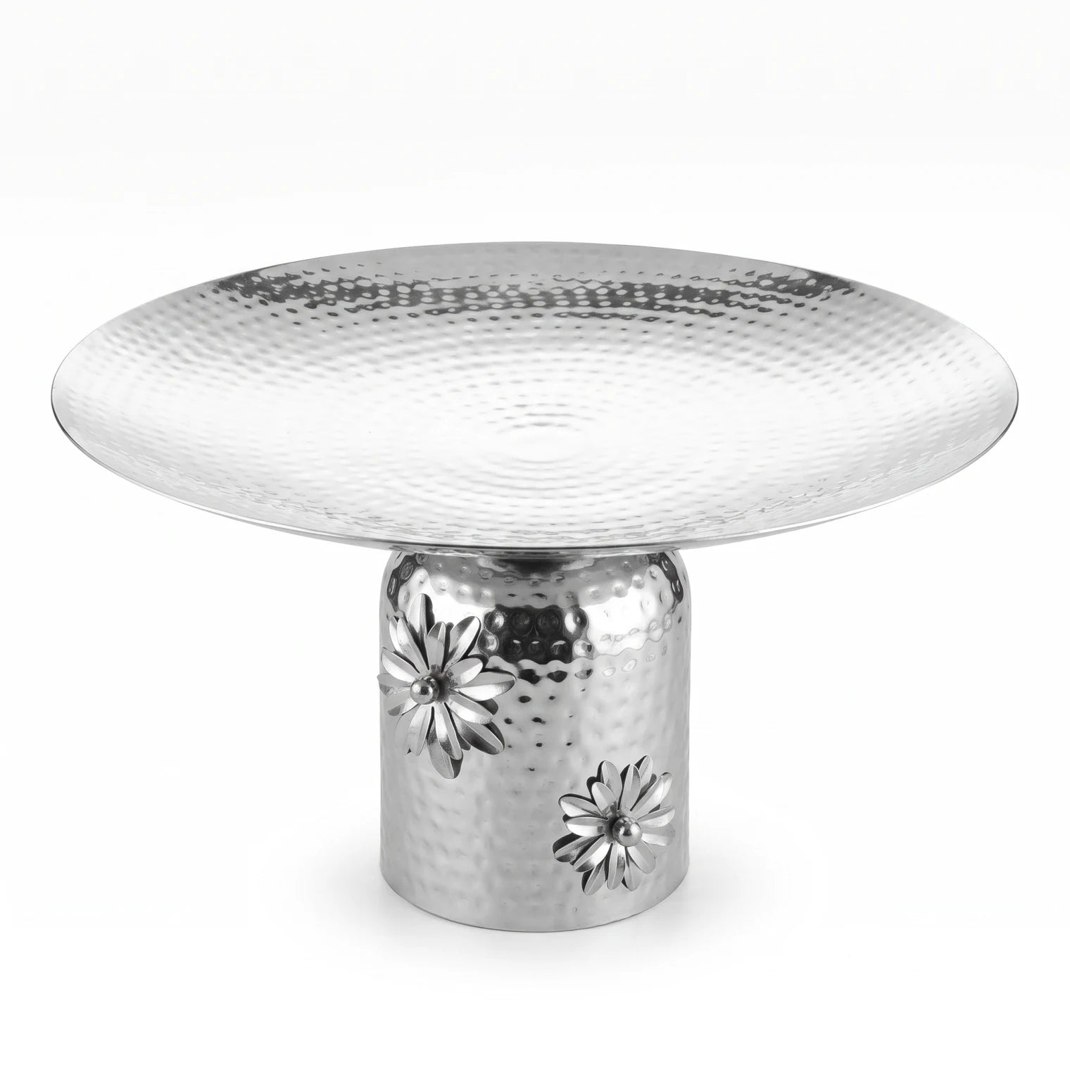 Silver Metal Round Plate with Detailed Flower Base – Extra Large 45cm Decorative Pedestal Tray for Display