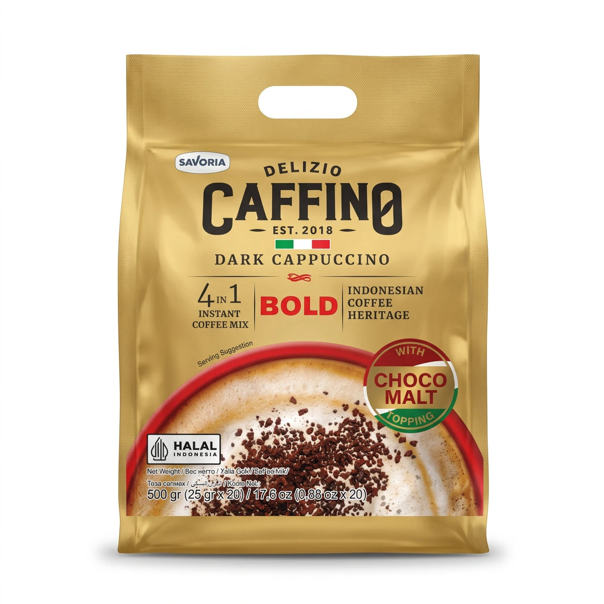 SAVORIA DELIZIO CAFFINO Dark Cappuccino 500g – 20 Sachets | 4 IN 1 Instant Coffee Mix with CHOC MALT TOPPING