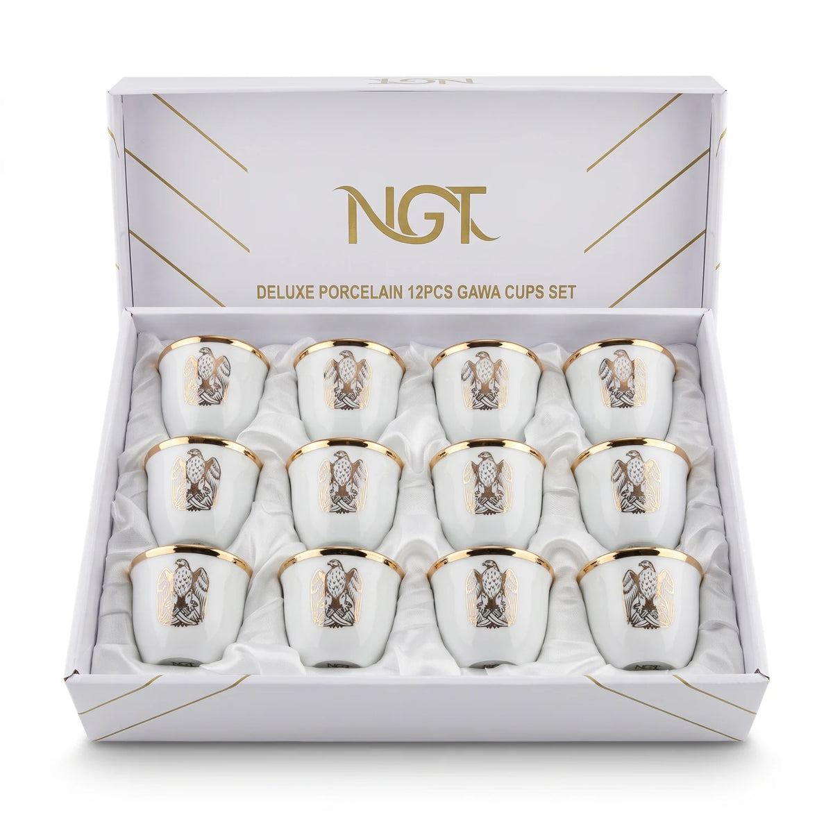 NGT 12-Piece Porcelain Arabic Coffee Gahwa Cup Set – UAE Abu Dhabi Falcon Logo | Handleless Cups | White-Gold or White-Black - White-Gold - Image 1