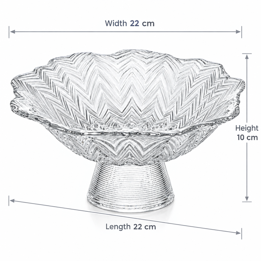 Glass Pedestal Fruit Bowl – 22cm Zigzag Textured Bowl with Scalloped Rim and 10cm Stand