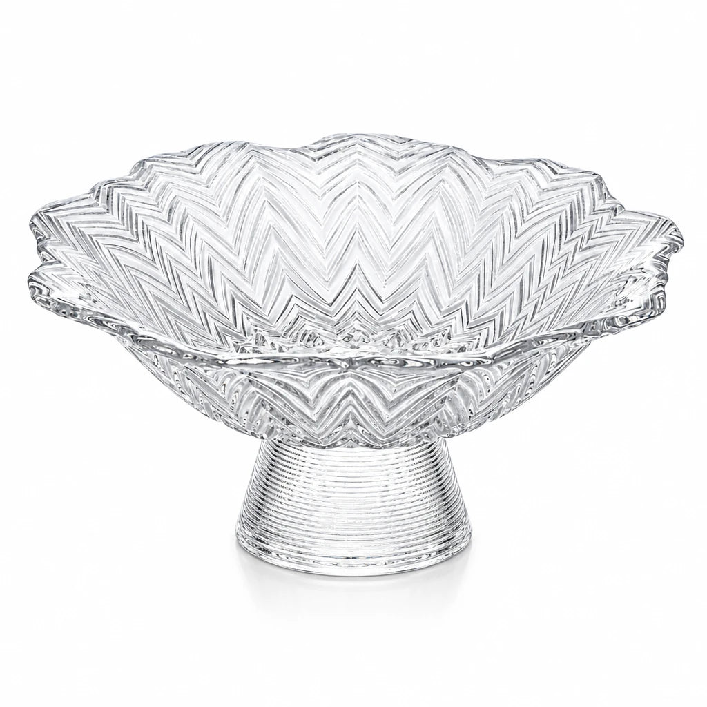 Glass Pedestal Fruit Bowl – 22cm Zigzag Textured Bowl with Scalloped Rim and 10cm Stand